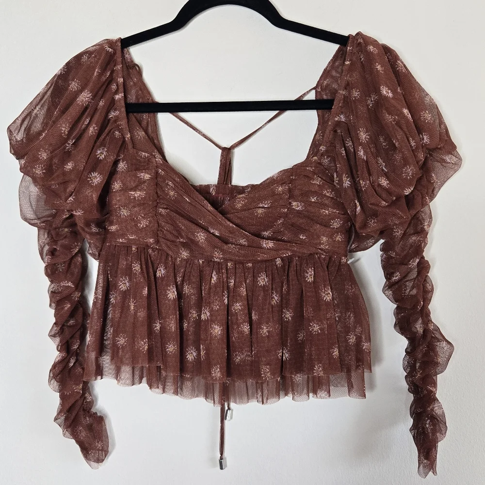 FREE PEOPLE Mesh Puff Long Sleeve Daisy Floral Tie Back Sweetheart Neckline Top